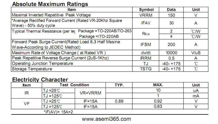 ASEMI肖特基二极管MBR30150FCT