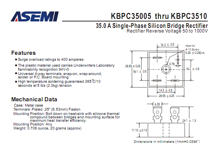 ASEMI品牌KBPC3510中文资料