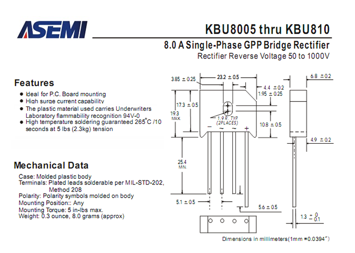 ASEMI品牌KBU808参数规格书