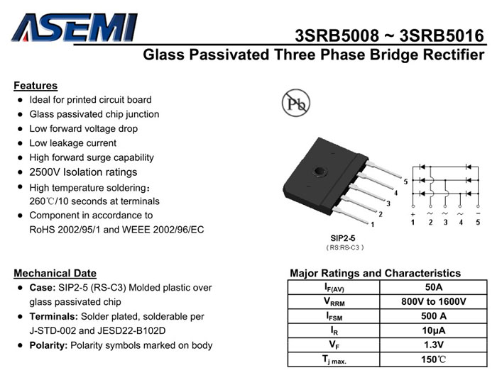 3SRB5016三相整流桥规格书，ASEMI品牌
